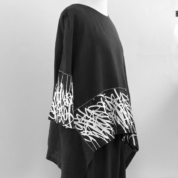 Black Linen Top and Harem Pants Set with White Print & Embroidery New XL or sz 3 - Picture 11 of 16